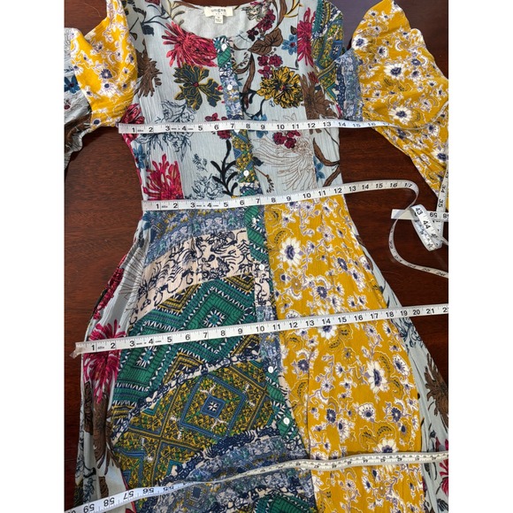 UMGEE Womens Patchwork Maxi Dress M Handkerchief Hem Indie Boho Bell Sleeve - Picture 6 of 8